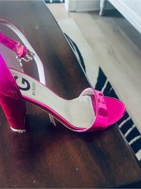 G by Guess Bright Pink Patent Block Heel Sandals